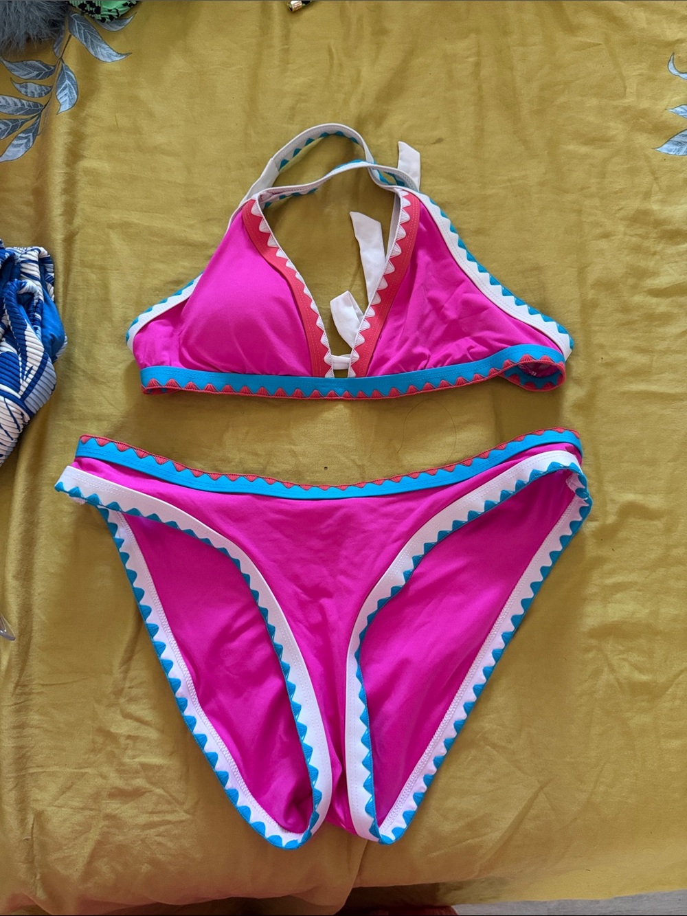 Lucky Brand Pink Bikini Set with Teal and White Trim